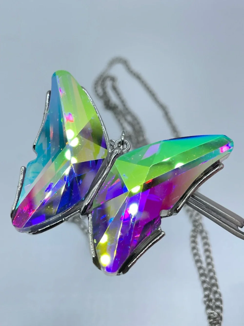 Butterfly AB Crystal Necklace Silver Tone Iridescent Statement Pendant